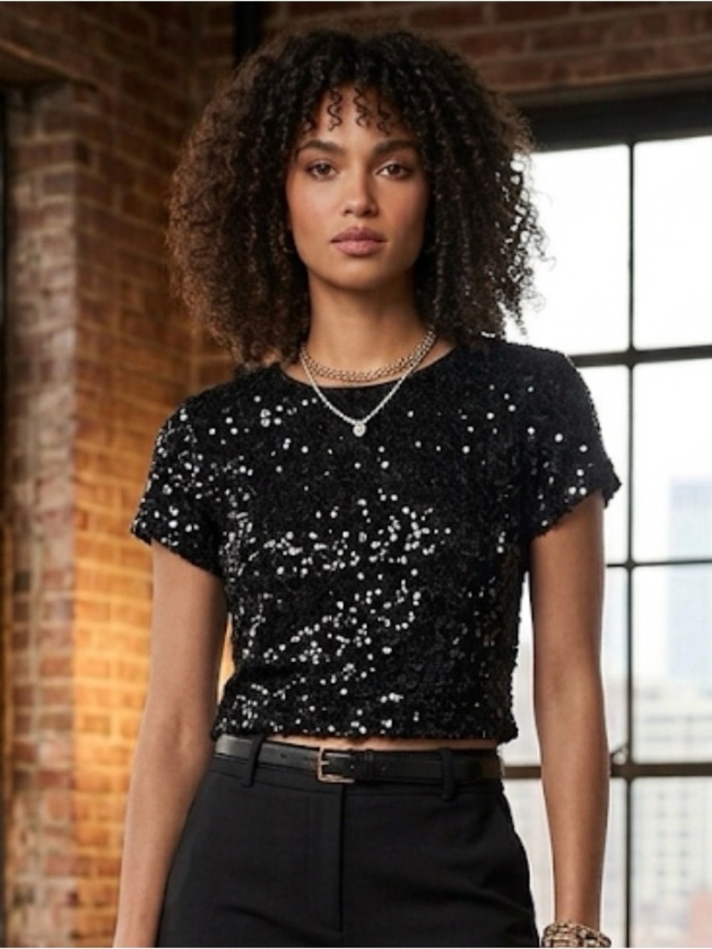 Audrey Parks x Francesca's Black Sequin Short Sleeve Crop Top Small